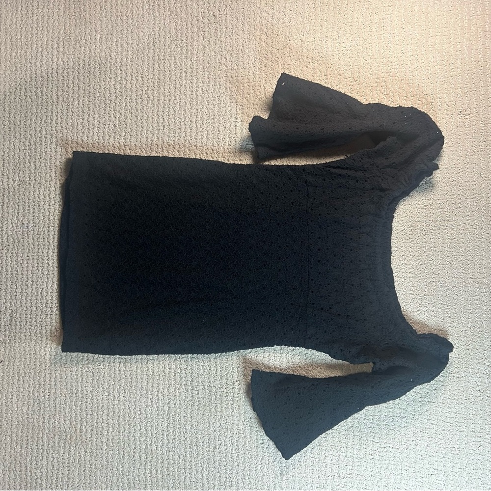 Free People Sophia M Black Eyelet Crochet Off-The-Shoulder Mini Dress, Goth Vamp - Picture 7 of 7